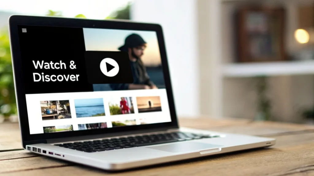 Best Ways to Discover New Music: Find Your Next Favorite Laptop displaying video streaming platform with “Watch & Discover” text and thumbnails on a desk in a bright room