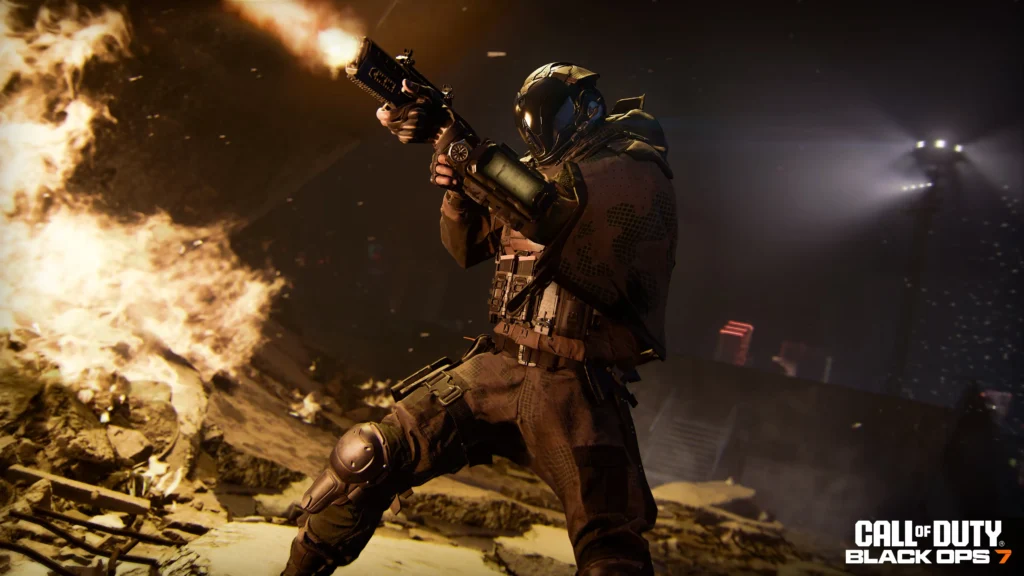 Futuristic armored soldier firing a weapon in a fiery battle scene from a sci-fi shooter game.