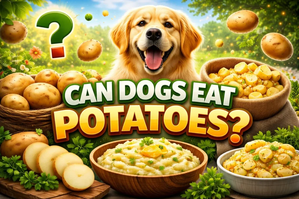Can Dogs Eat Potatoes A Complete Guide for Pet Owners Happy dog with potatoes and mashed dish, bold text “Can Dogs Eat Potatoes?” in bright, colorful thumbnail.