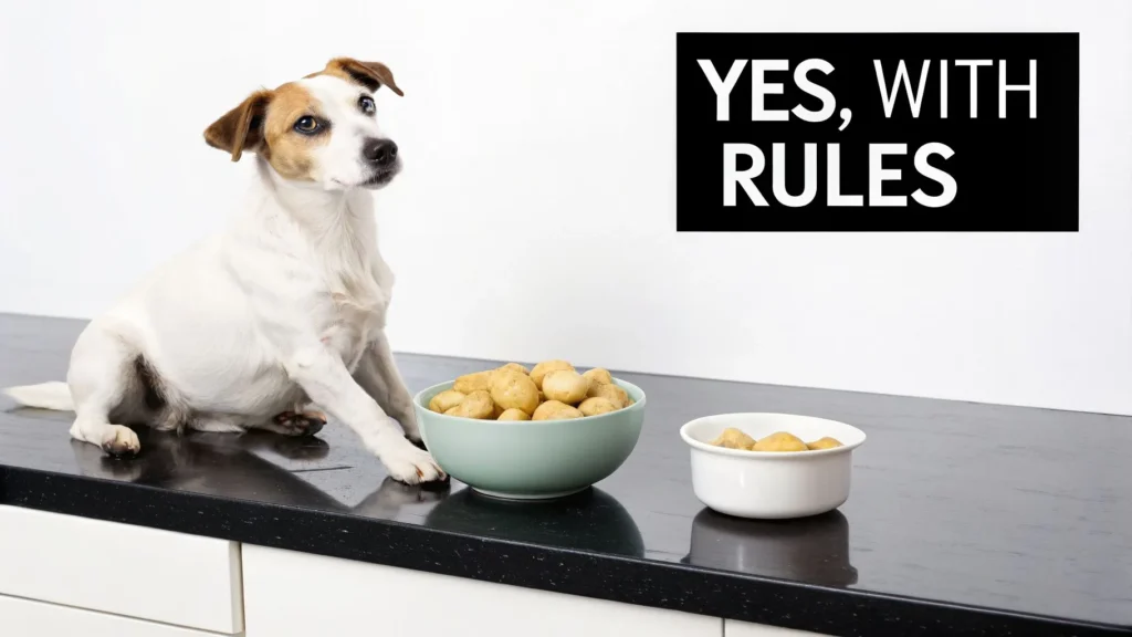 Dog sitting by bowls of potatoes on a counter with text “Yes, with rules” indicating feeding guidelines