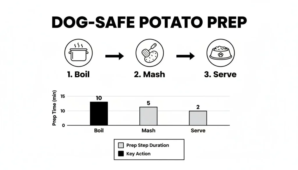 Infographic showing dog-safe potato prep steps: boil, mash, serve, with prep times for each stage