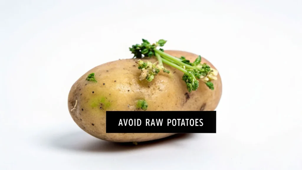 Sprouted potato with green spots and text “Avoid raw potatoes” warning about unsafe consumption