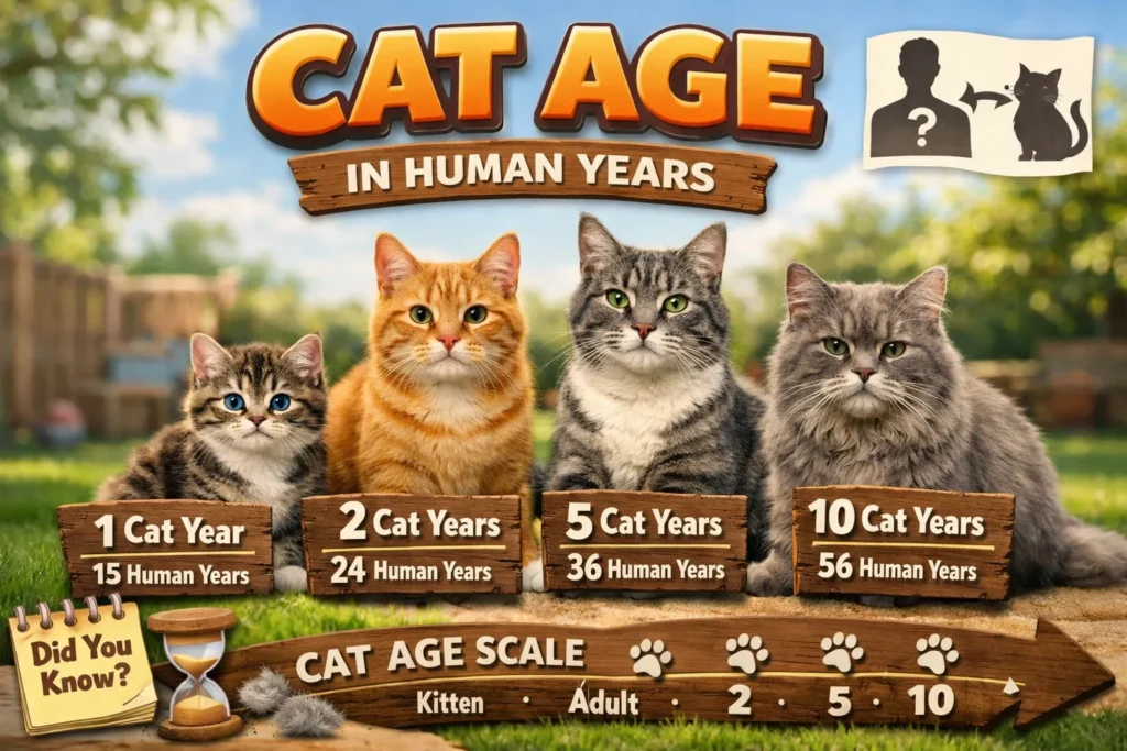 Four cats at different life stages with signs showing cat ages converted into human years in a colorful outdoor scene.