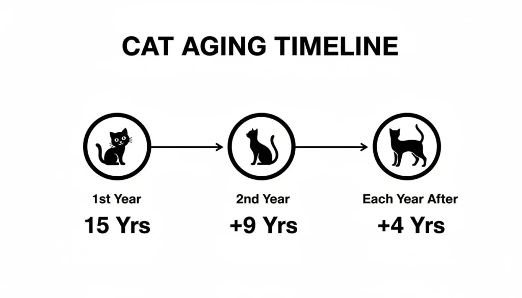 Cat Age in Human Years A Guide to Your Feline's Life Stages Cat aging timeline: 1st year equals 15 human years, 2nd adds 9, each year after adds 4.