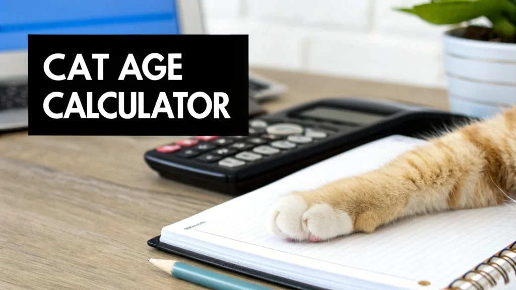 Cat Age in Human Years A Guide to Your Feline's Life Stages Cat paw on a notebook beside a calculator and pencil, with text “Cat Age Calculator” on a desk.