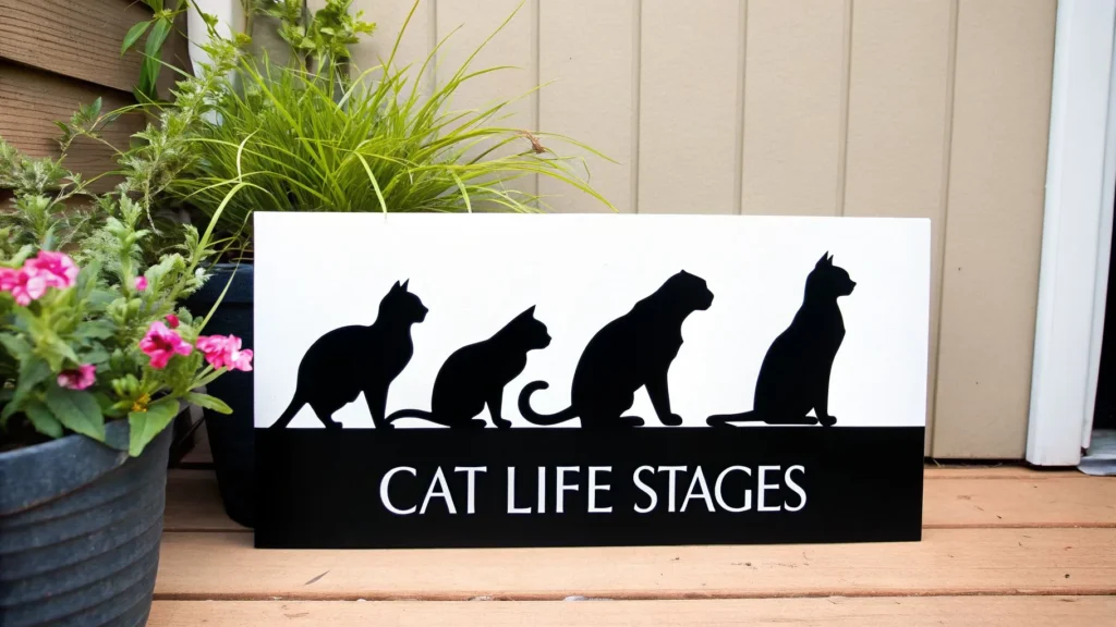 Cat Age in Human Years A Guide to Your Feline's Life Stages Sign showing cat life stages with silhouettes from kitten to adult, placed outdoors near plants and flowers.