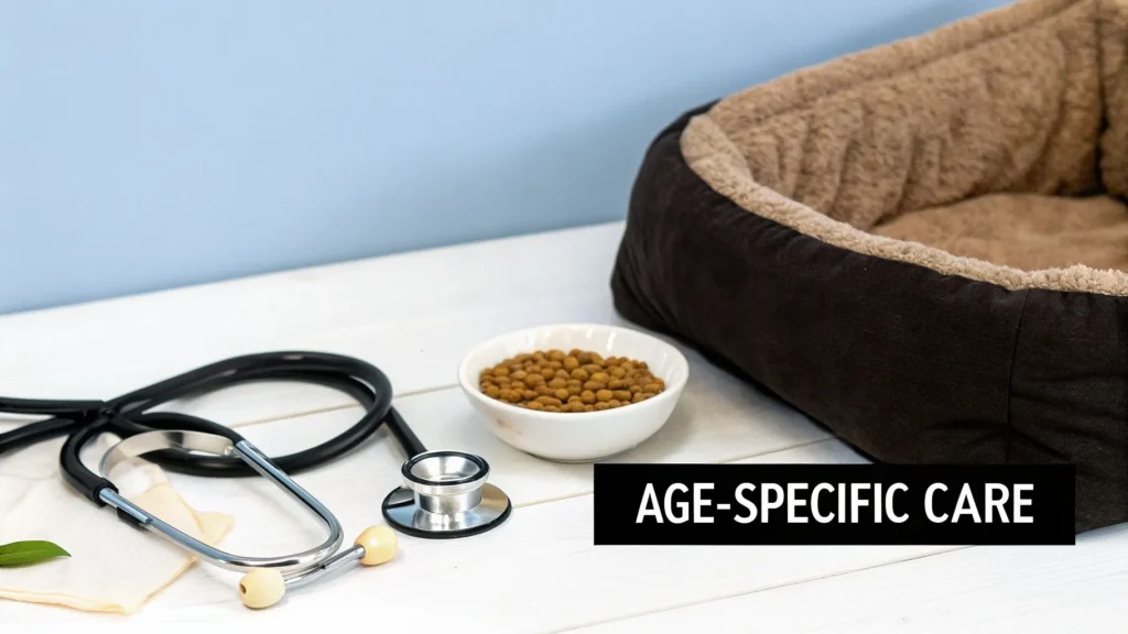 Cat Age in Human Years A Guide to Your Feline's Life Stages Pet bed, kibble bowl, and stethoscope on a table, with text “Age-Specific Care” indicating pet health and care.