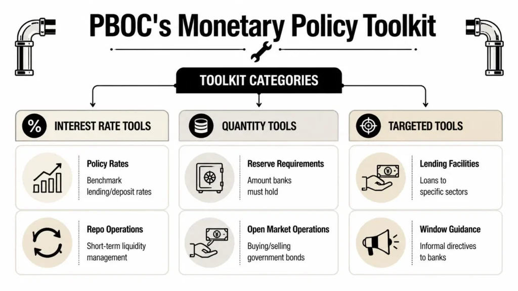 Infographic showing PBOC monetary policy tools including interest rates, reserve requirements, and lending facilities.