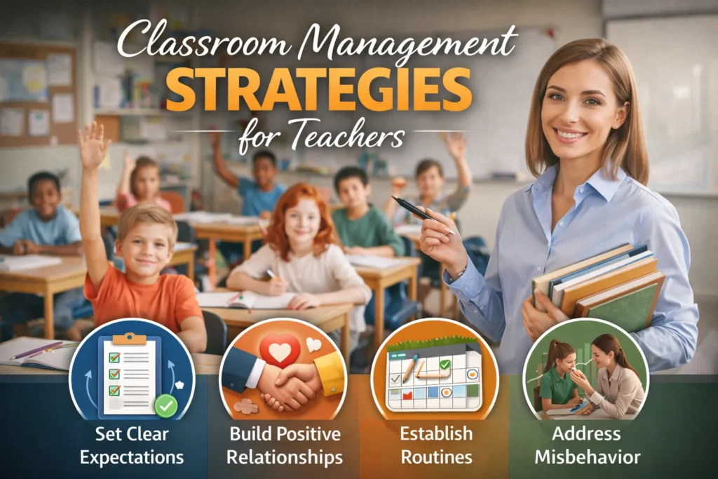 Teacher in classroom with students raising hands, plus icons for expectations, relationships, routines, and behavior management