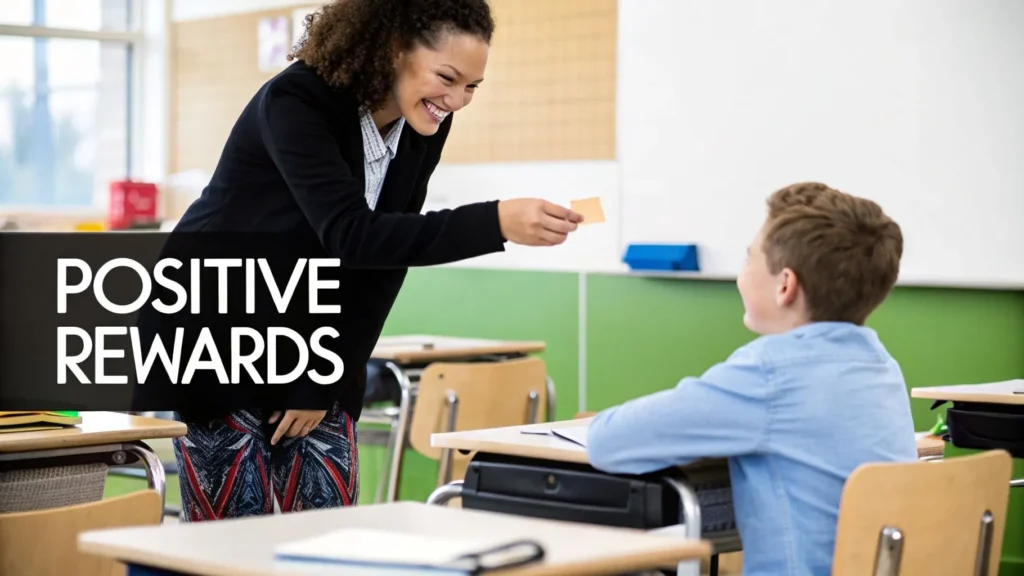 Teacher smiling while giving a reward card to a student in classroom, text overlay “Positive Rewards”