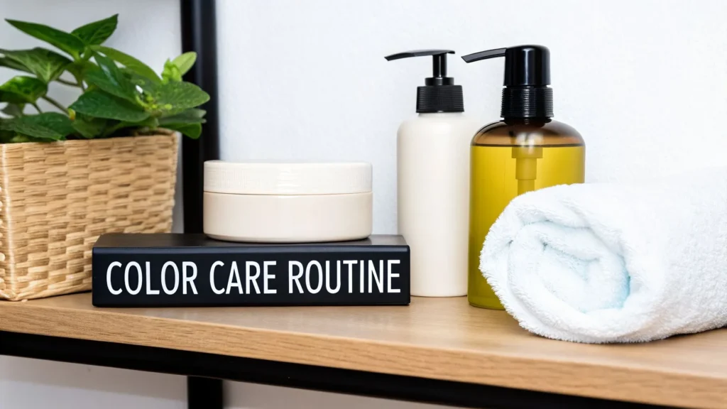 Hair care products on shelf with towel and plant, text “Color Care Routine” displayed