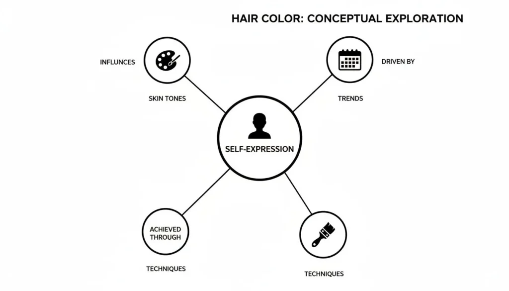 Diagram of hair color concepts showing self-expression influenced by skin tones, trends, and achieved through techniques