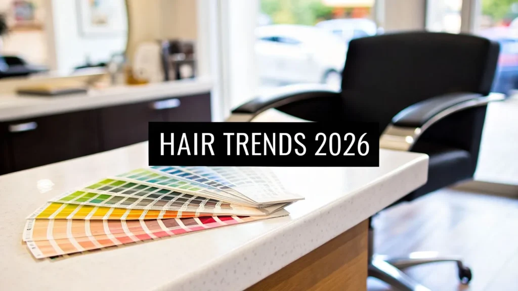 Hair color swatches on salon counter with chair in background, text “Hair Trends 2026” displayed