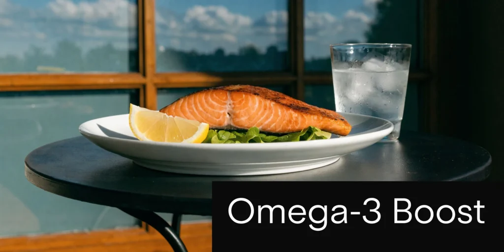 10 Cortisol Lowering Foods for Your 2026 Diet Plan Grilled salmon with lemon and water on a table beside “Omega-3 Boost” text in natural sunlight.