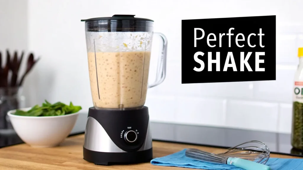 Blender mixing a creamy shake on a kitchen counter, with text “Perfect Shake” and nearby bowl and whisk.