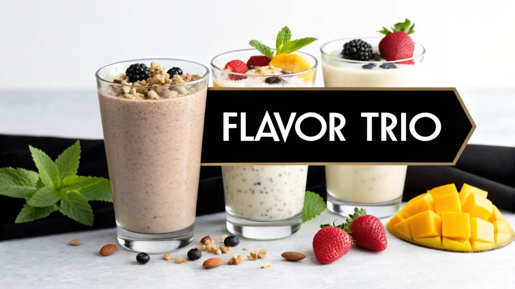 Three smoothie glasses with fruit and toppings, including berries and mango, labeled “Flavor Trio” on a counter.