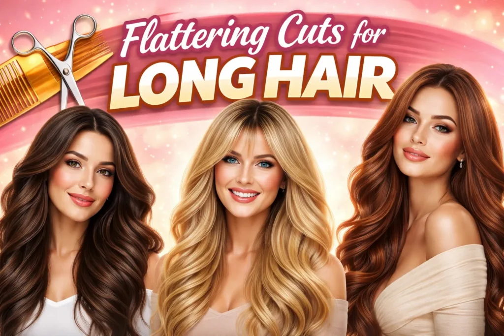 Three women with long styled hair and salon tools, with bold text “Flattering Cuts for Long Hair” on a soft pink background