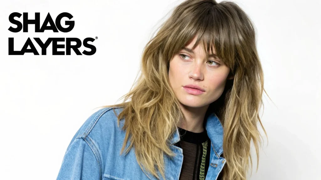 Woman with shag layered haircut and textured waves, wearing denim jacket, with text “Shag Layers.”