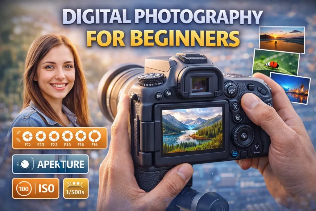 Digital photography for beginners showing DSLR camera, settings icons for aperture, ISO, shutter speed, and sample photos.