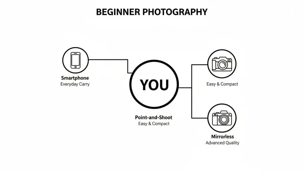 Digital Photography for Beginners A 2026 Guide to Stunning Photos Beginner photography diagram showing YOU with options: smartphone, point-and-shoot, and mirrorless cameras