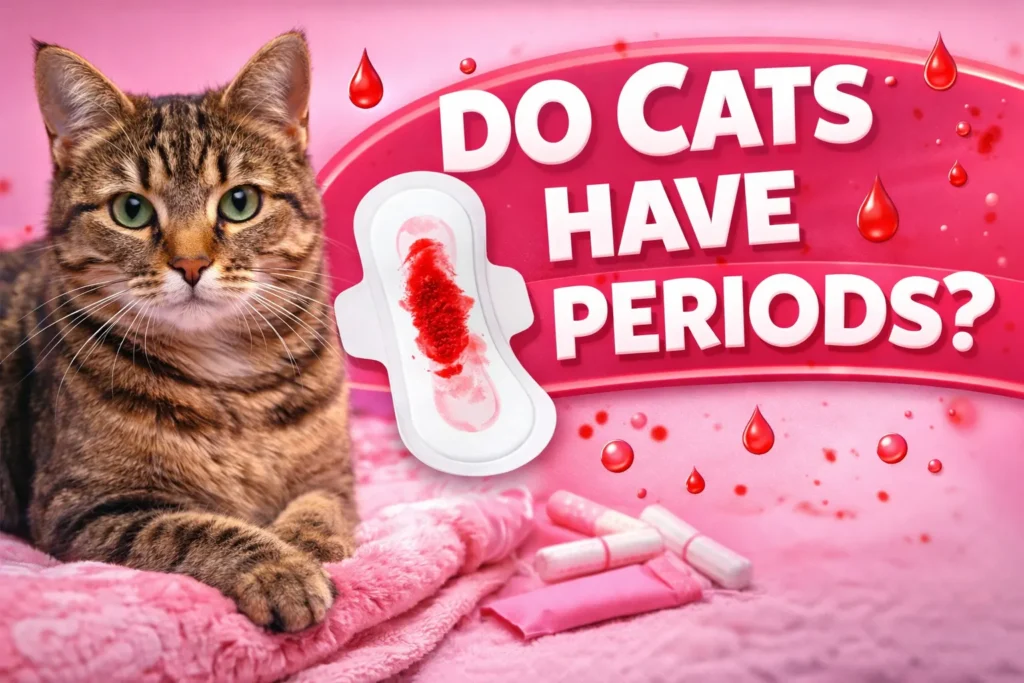 Tabby cat on pink blanket beside hygiene items and bold text “Do Cats Have Periods?” with red droplets on pink background