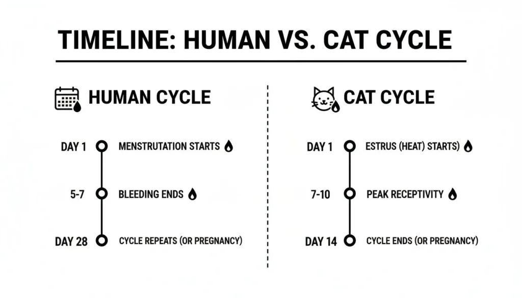 Infographic comparing human and cat cycles with timelines: menstruation vs estrus, key days and phases side by side.