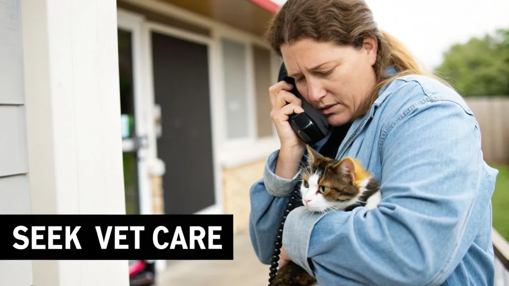 Concerned woman holding a cat while calling a vet, with text “Seek Vet Care,” outside a home.