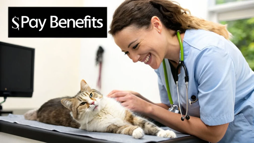 Veterinarian with stethoscope examining a relaxed cat on a table, with text “Pay Benefits” in a clinic setting.