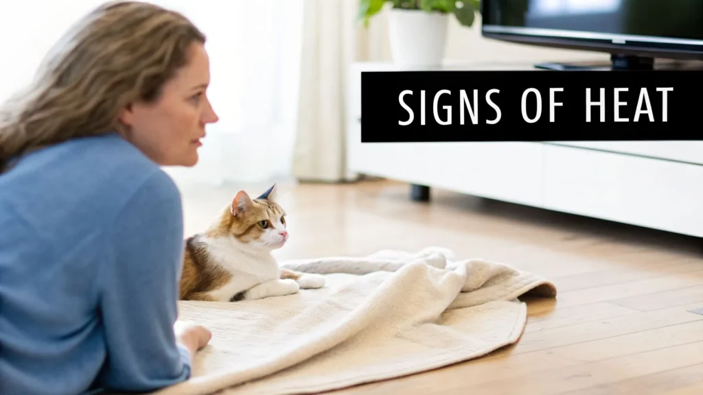 Woman watching a cat on a blanket with text “Signs of Heat,” illustrating feline estrus behavior at home.
