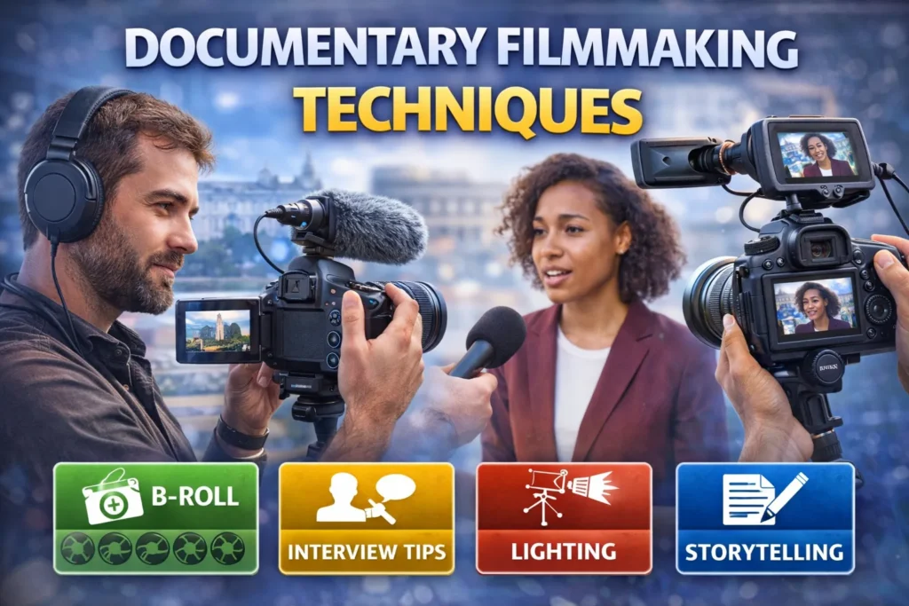 Documentary filmmaking setup with camera, interview, microphone, and icons for B-roll, lighting, storytelling, and interview tips.