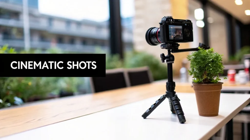 Camera on tripod filming a small plant on table with “Cinematic Shots” text, indoor setting with blurred background