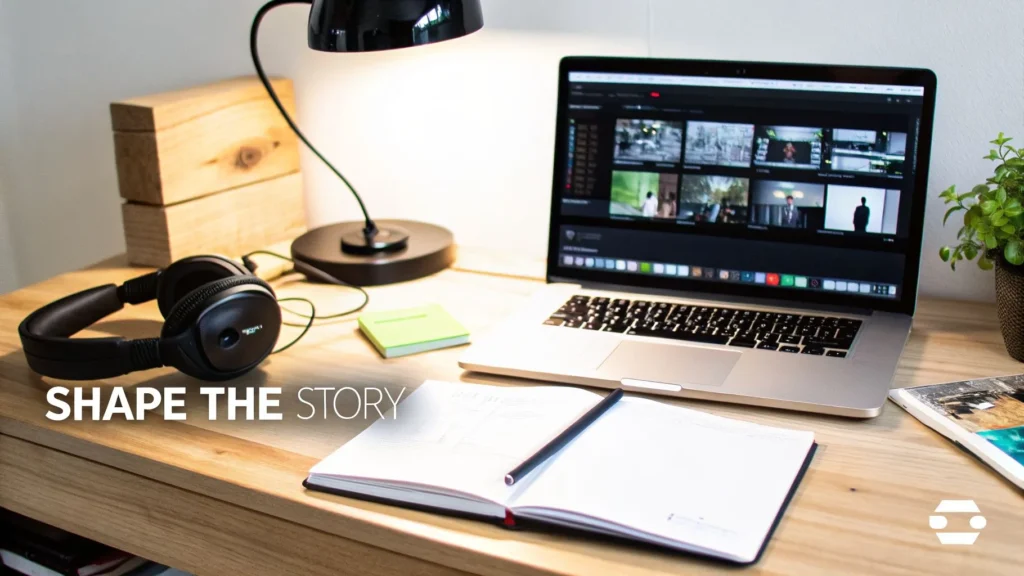 Laptop with video editing timeline on desk, headphones, notebook and lamp, text “Shape the Story” visible