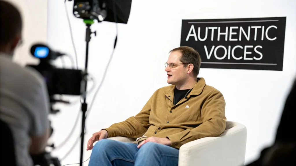 Man being filmed during interview, seated in chair with “Authentic Voices” sign in background and camera setup visible
