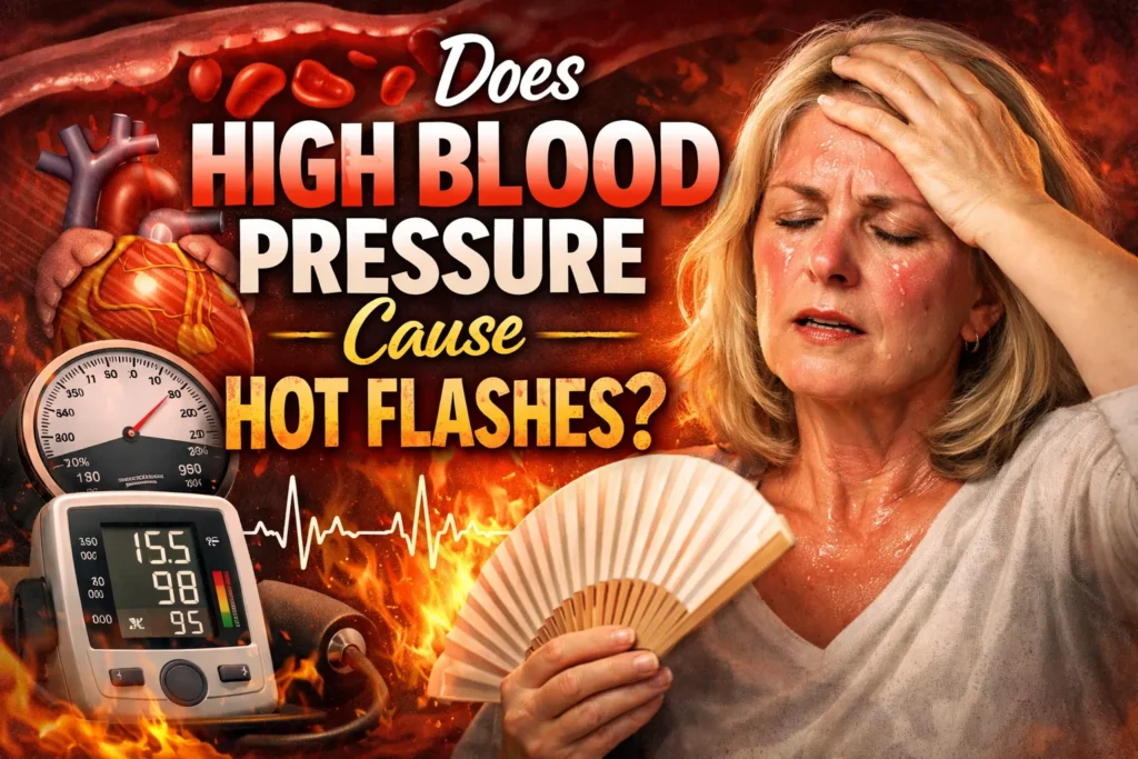 Does High Blood Pressure Cause Hot Flashes? 2026 Insights Woman sweating and fanning herself beside a blood pressure monitor, with bold text about high blood pressure and hot flashes