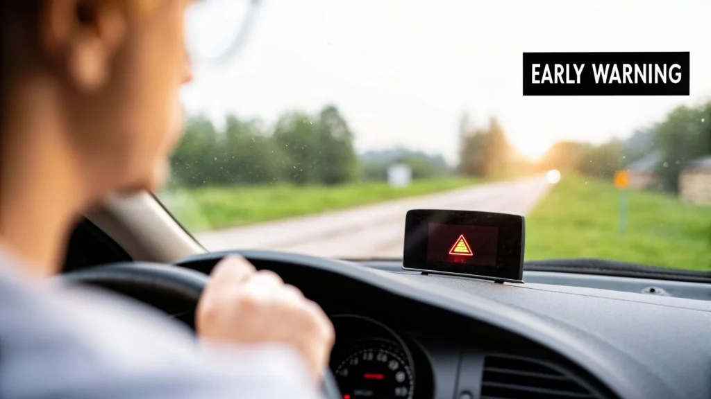 Driver sees dashboard warning icon on rural road at sunset with text “Early Warning” indicating potential health or safety alert