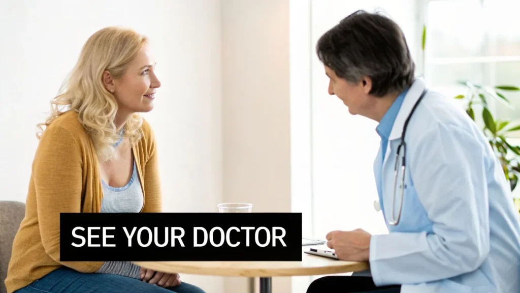 Woman consulting a doctor at a table with text “See your doctor” advising medical guidance
