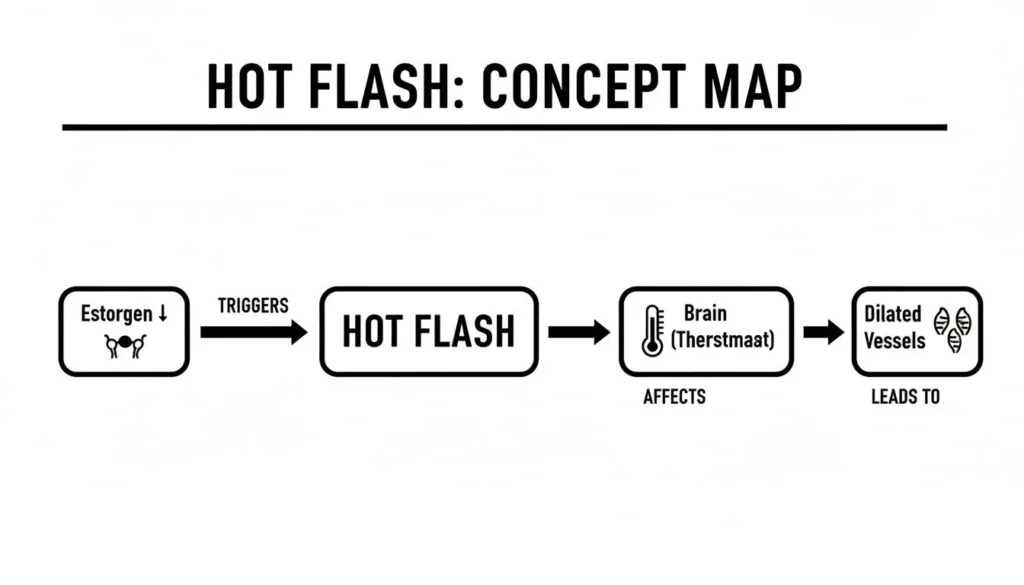 Concept map of hot flashes showing estrogen drop triggering brain response and dilated blood vessels
