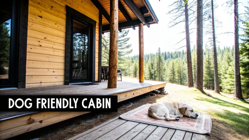 Dog resting on rug outside wooden cabin in forest setting, text “Dog Friendly Cabin” displayed