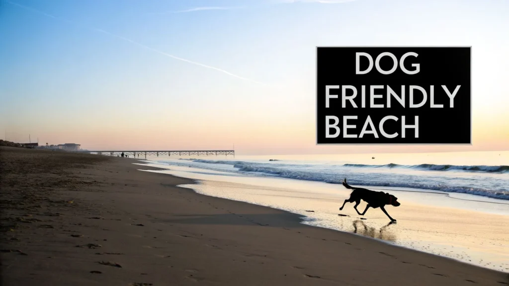 Dog running along shoreline at sunset beach with waves and pier, text “Dog Friendly Beach” displayed