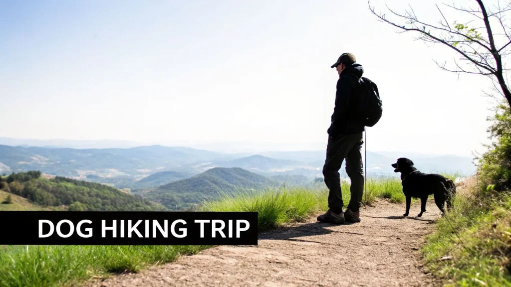 Person hiking with dog on mountain trail overlooking hills, text “Dog Hiking Trip” displayed