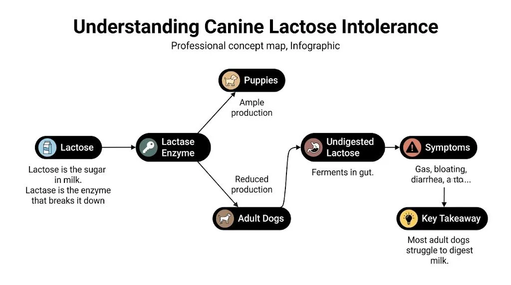 Dogs Drink Milk: Milk for Dogs: Your 2026 Vet Guide Infographic explaining canine lactose intolerance, lactase enzyme reduction, and digestive symptoms in dogs.