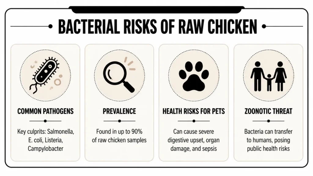 Infographic showing bacterial risks of raw chicken, including Salmonella, pet illness, and human health threats.