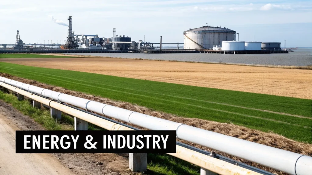 Oil refinery with storage tanks and pipelines beside fields and water, labeled “Energy & Industry”.
