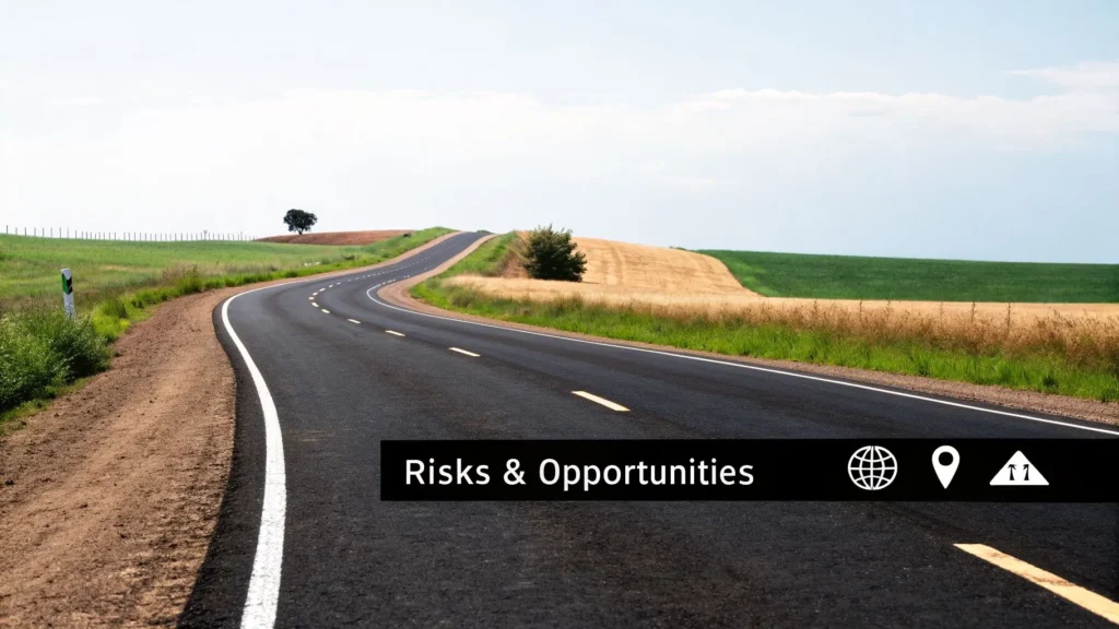 Curving road through rural fields under open sky, with “Risks & Opportunities” text overlay and icons.