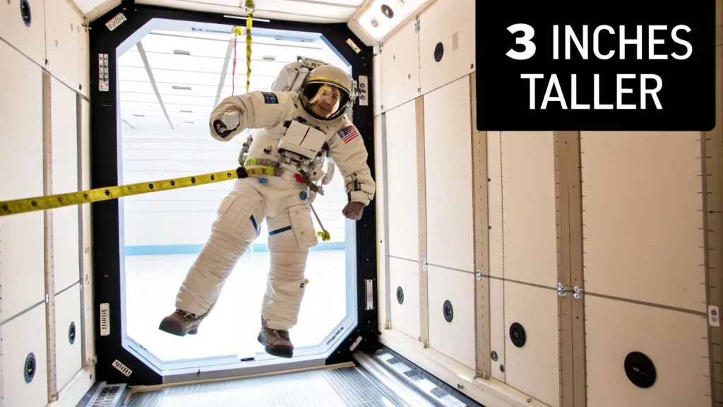Astronaut floating in spacecraft measuring height in microgravity, text “3 inches taller”