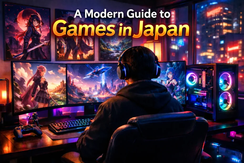 Neon-lit gaming setup with player facing anime-style game scenes; bold title “A Modern Guide to Games in Japan” above