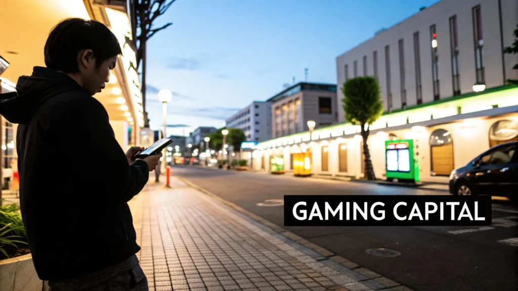 Person using smartphone on a city street at dusk with text “Gaming Capital” highlighting urban gaming culture