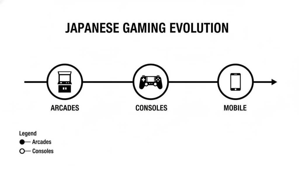 Infographic showing Japanese gaming evolution from arcades to consoles to mobile platforms in a timeline format