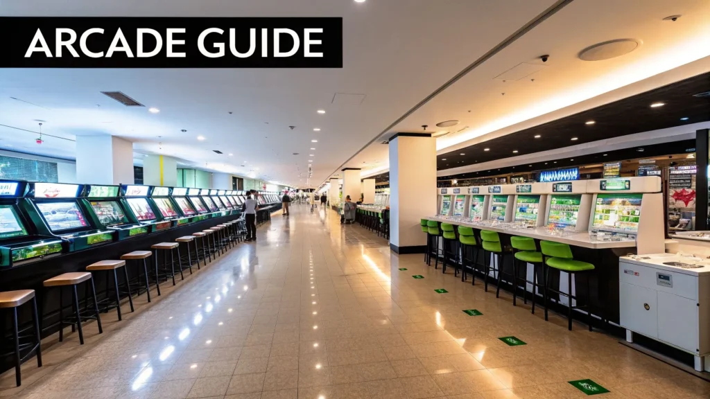 Spacious arcade hall with rows of gaming machines and stools, labeled “Arcade Guide” in a modern indoor setting