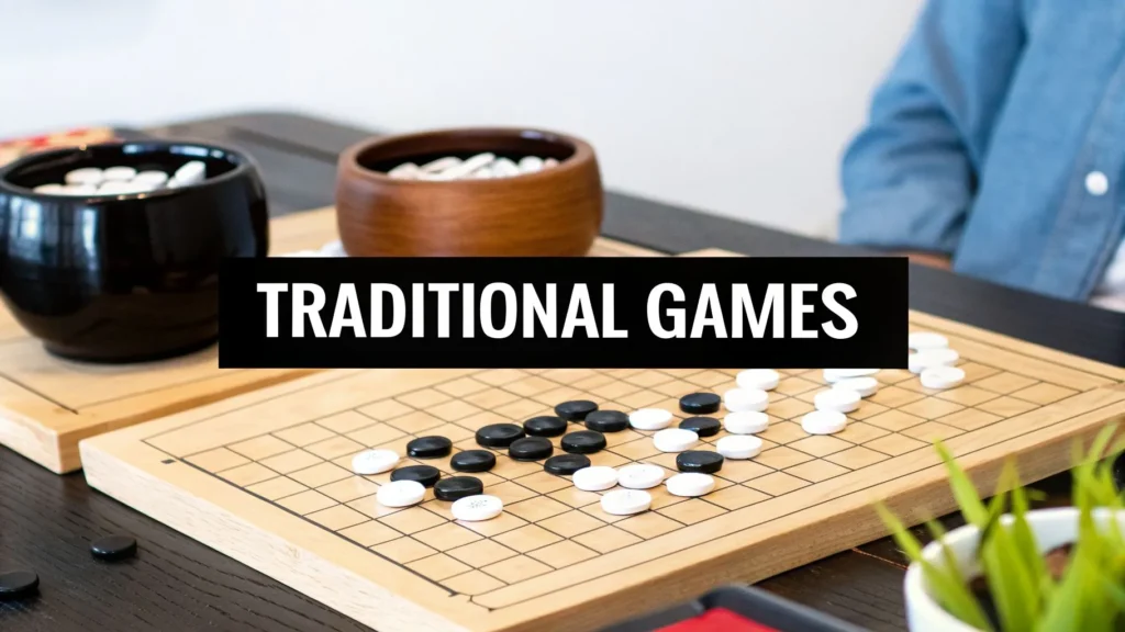 Go board with black and white stones and bowls, labeled “Traditional Games” highlighting classic strategy gameplay